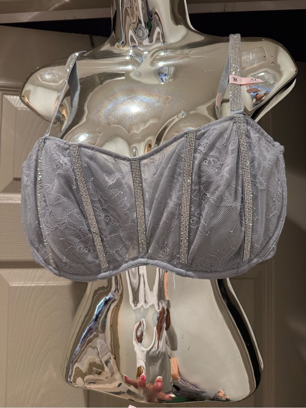 Victoria's Secret Silver Gray Lace Underwire Bra with Rhinestone Panels